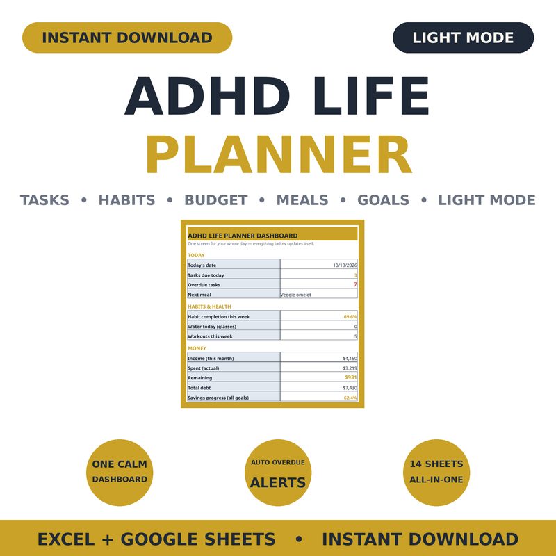 ADHD Life Planner — Light Mode — spreadsheet planner cover