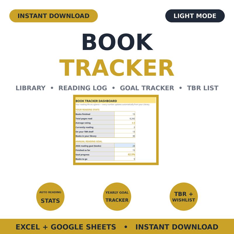 Book Tracker — Light Mode — spreadsheet planner cover