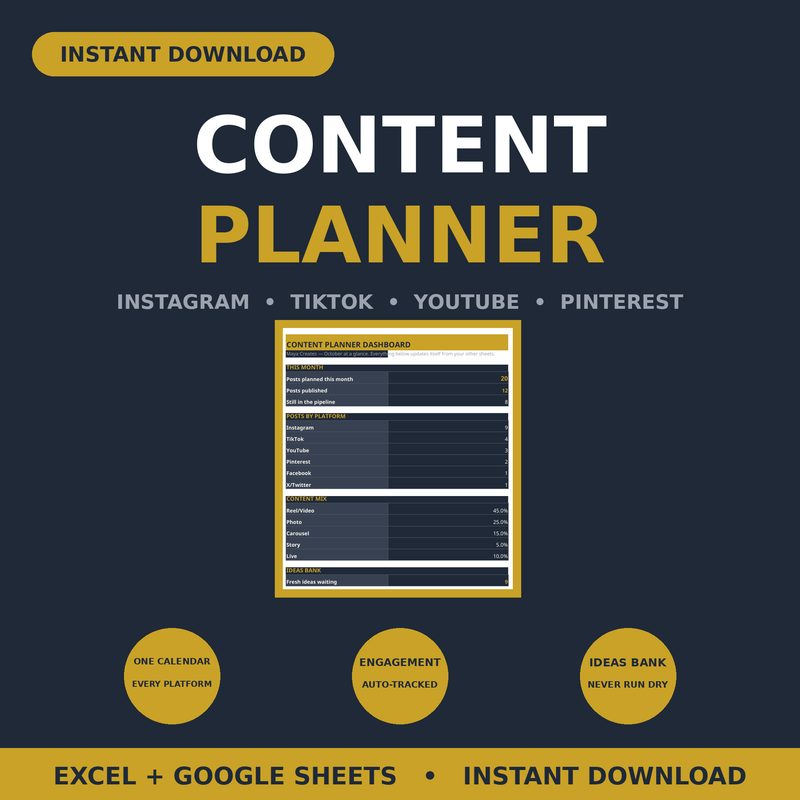 Social Media Content Planner — Dark Mode — spreadsheet planner cover