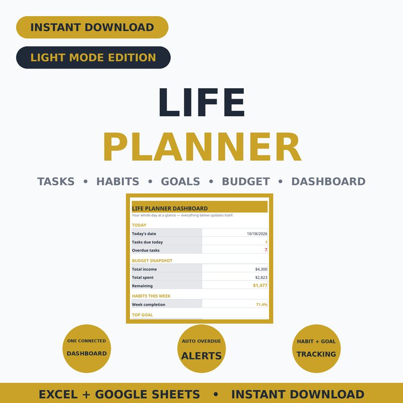 Life Planner — Light Mode — spreadsheet planner cover