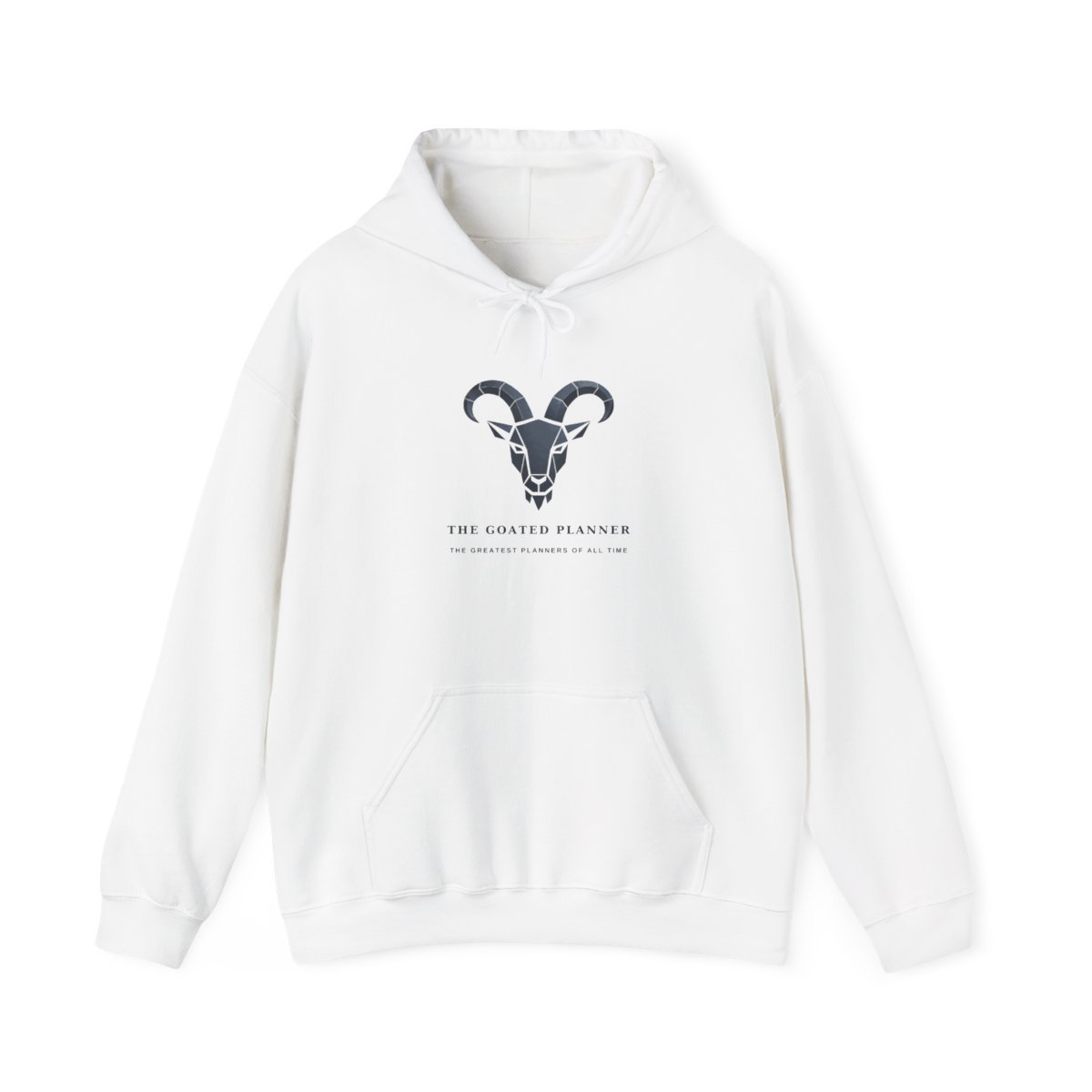 The Goated Planner hoodie — charcoal goat chest print on white