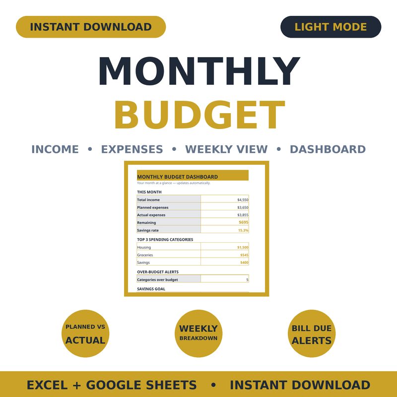 Monthly Budget Planner — Light Mode — spreadsheet planner cover
