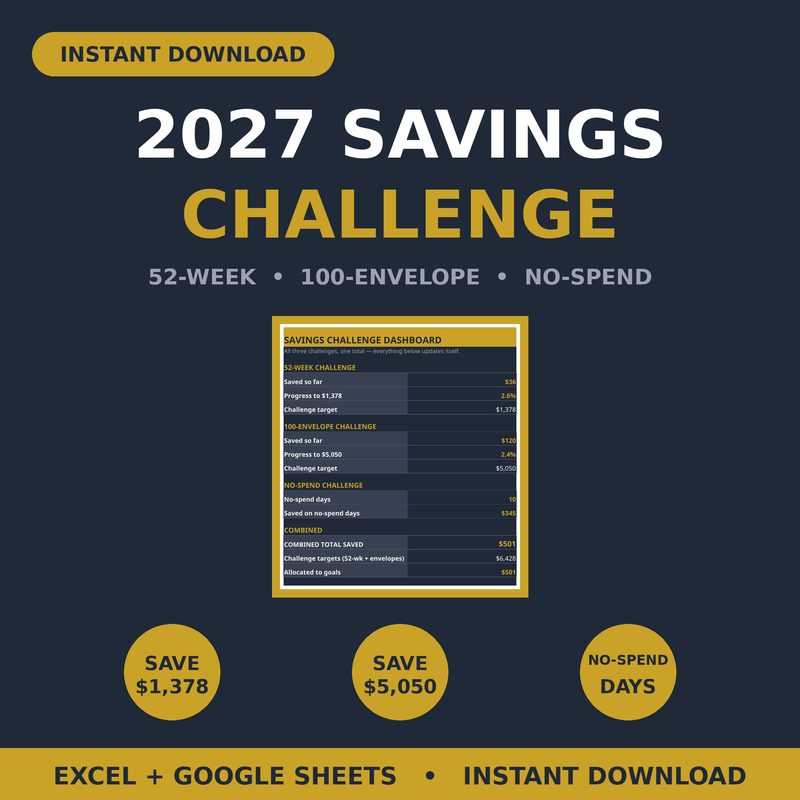 2027 Savings Challenge Tracker — spreadsheet planner cover