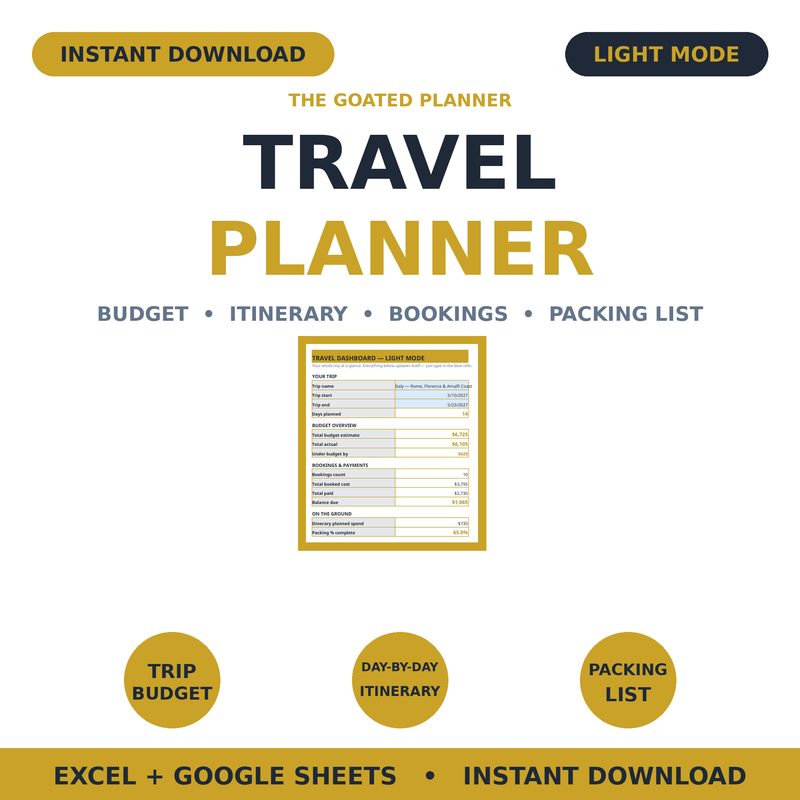 Travel Planner — Light Mode — spreadsheet planner cover