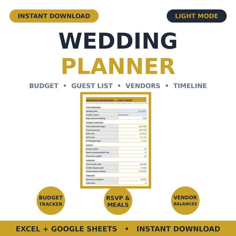 Wedding Planner — Light Mode — spreadsheet planner cover